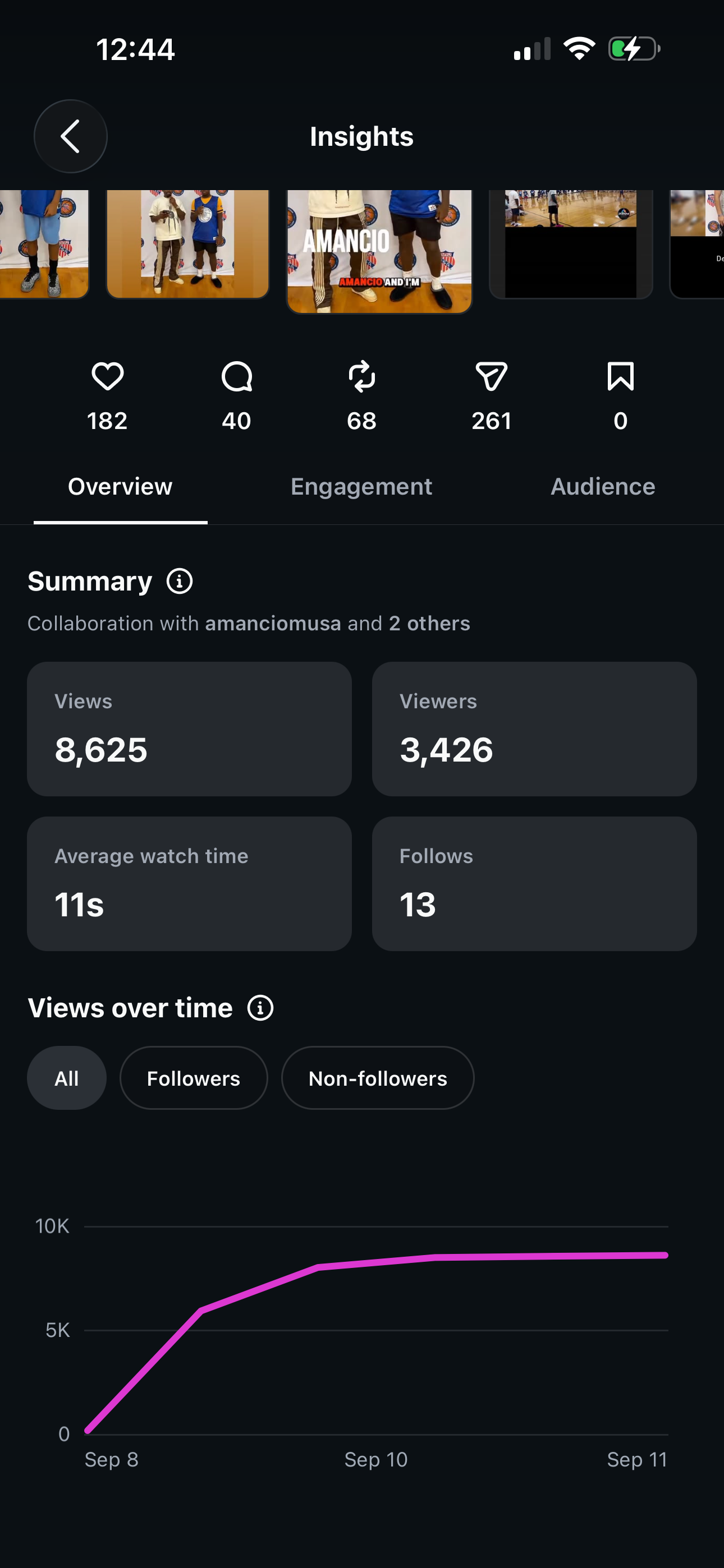Instagram Insights for a PRISM Select Tour collaboration showing 8,625 views, 3,426 viewers and 13 follows